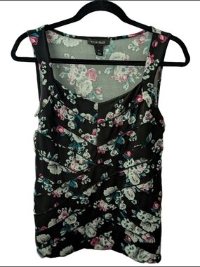 WHBM Black Feminine Floral Ruched Sleeveless Blouse White House Black Market